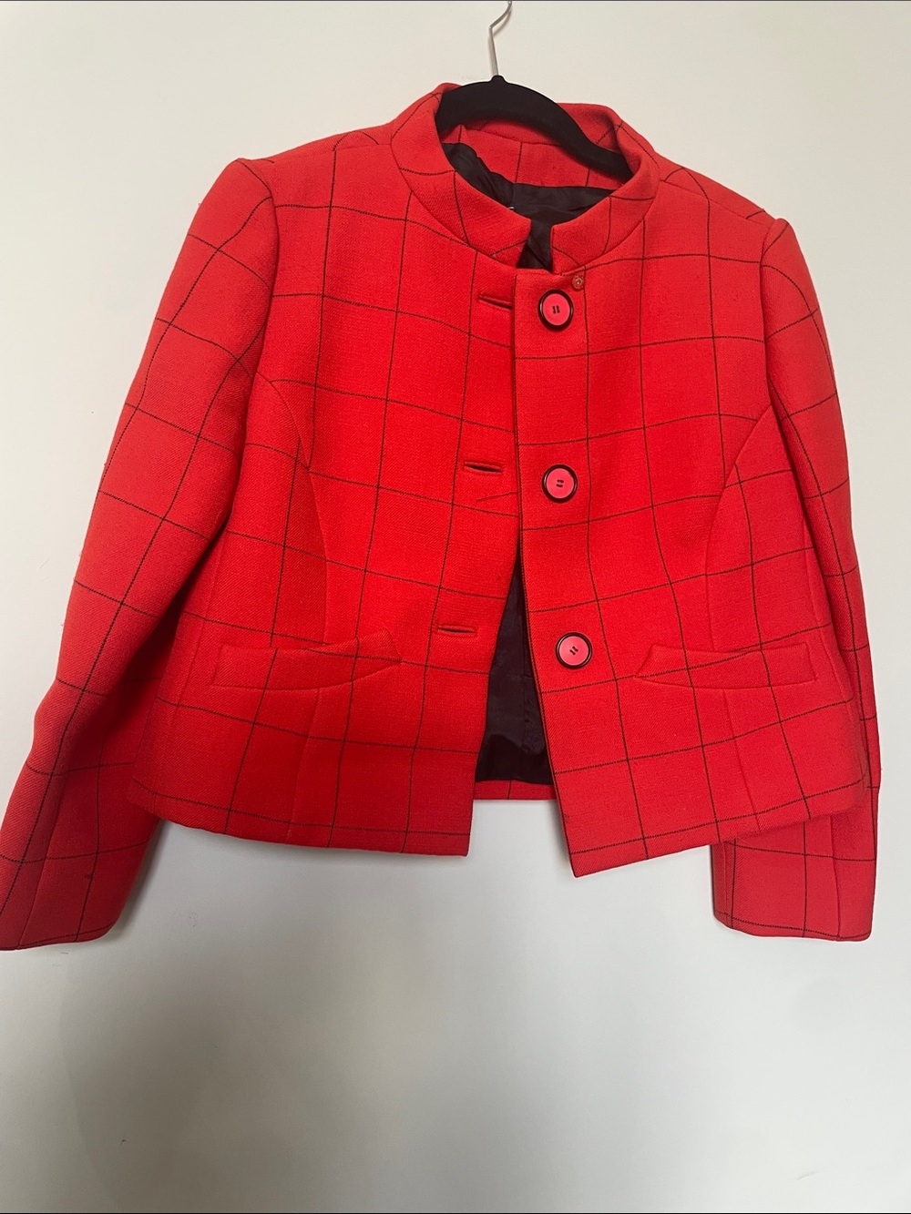 Women's Red Windowpane Cropped Button Blazer